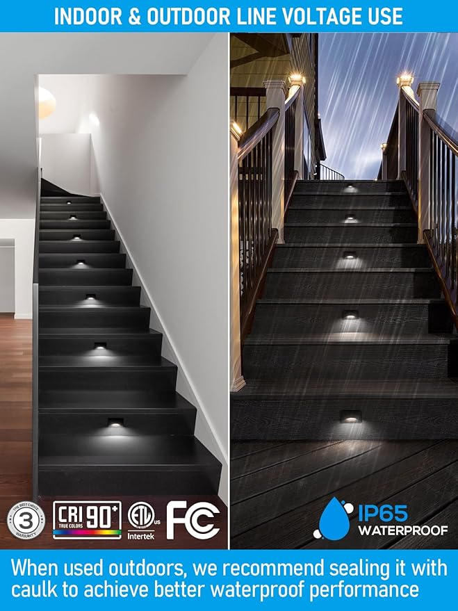 LEONLITE Black 5CCT 120V LED Step Lights, 150LM 5%-100% Dimmable Stair Lights Indoor Outdoor IP65 Waterproof, Aluminum Anti-Glare Shell, CRI90 ETL 2700K/3000K/3500K/4000K/5000K, Pack of 3