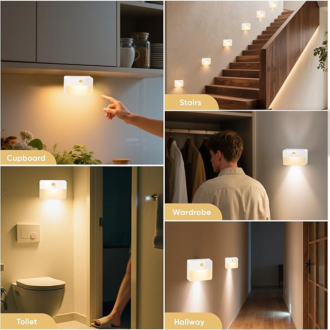 Motion Sensor Night Light for Indoor: 6 Pack Rechargeable Stair Lights LED 35 Lumen 3000k Step Lights with Magnetic Suck - Motion Sensor Lamp for Cabinet Closet Hallway Bedroom Stairs (Rechargeable)