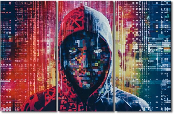 Framed Wall Art 3 Panel Cyber Security and Data Protection Concept Poster for Living Room, Hacker in Mask on Dark Background Pictures Print On Canvas, Wooden Framed Ready to Hang, 42" Wx28 H