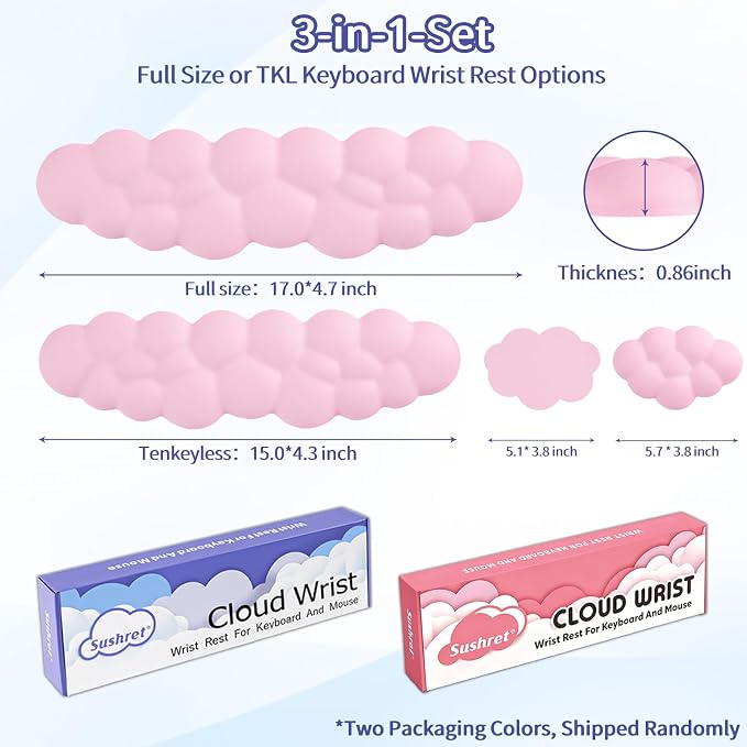 Sushret Cloud Wrist Rest Keyboard, Cloud Keyboard Wrist Pad Set with PU Leather Memory Foam, Cute Arm Rest for Palm Support, PC/Gaming Desk Accessories/Office Setup/Computer Hand Cushion - Pink