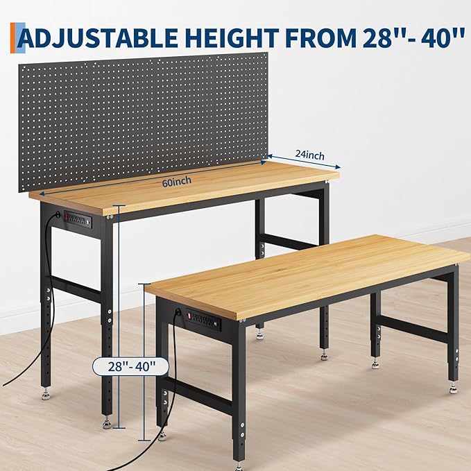 60" Heavy Duty Adjustable Workbench with Pegboard,2000 LBS Capacity Wood Work Table for Woodworking Shop, Garage, Home
