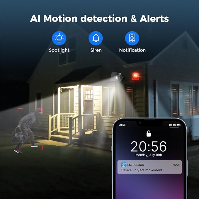 Hiseeu Security Cameras Wireless Outdoor, Solar Powered 3K 4MP Surveillance WiFi Cameras for Home Security Outside, PIR/AI Motion Detection, Waterproof, Color Night Vision, 2-Way Audio, Black