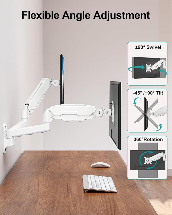 MOUNT PRO Dual Monitor Wall Mount for 13 to 32 Inch Computer Screens, Gas Spring Wall Monitor Arm for 2 Monitors, Each Holds Up to 19.8lbs, Adjustable Wall Monitor Mount with VESA 75x75/100x100, White