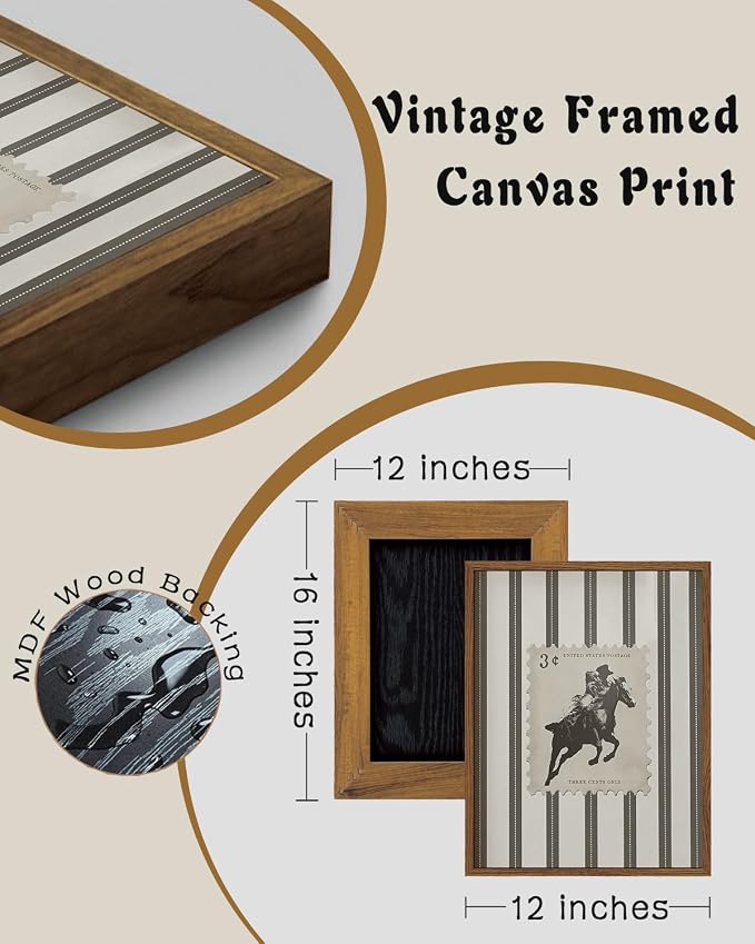 ZZLWBKGL Western Wall Decor Cowboy Canvas Art Bronco Framed Wall Art | Vintage Artwork Retro West Stamp Paintings Mid Century Bucking Aesthetic for Living Room Bedroom