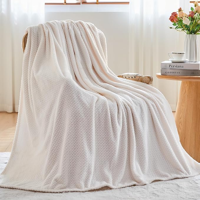 NEWCOSPLAY Fleece Leaves Pattern Queen Blanket, Ivory, 90"x90" | Super Soft Throw Blanket, Lightweight Cozy Bed Sofa Blanket, Premium Silky Flannel Fleece, Travel Blanket for All Season Use