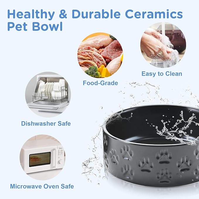 SPUNKYJUNKY Elevated Dog Bowls Ceramic, 7.3'' Dogs Food Water Bowls Raised with Non-Slip Bamboo Stand for Medium to Large Sized Breed Microwave Dishwasher Safe - 42 OZ,Paw Black