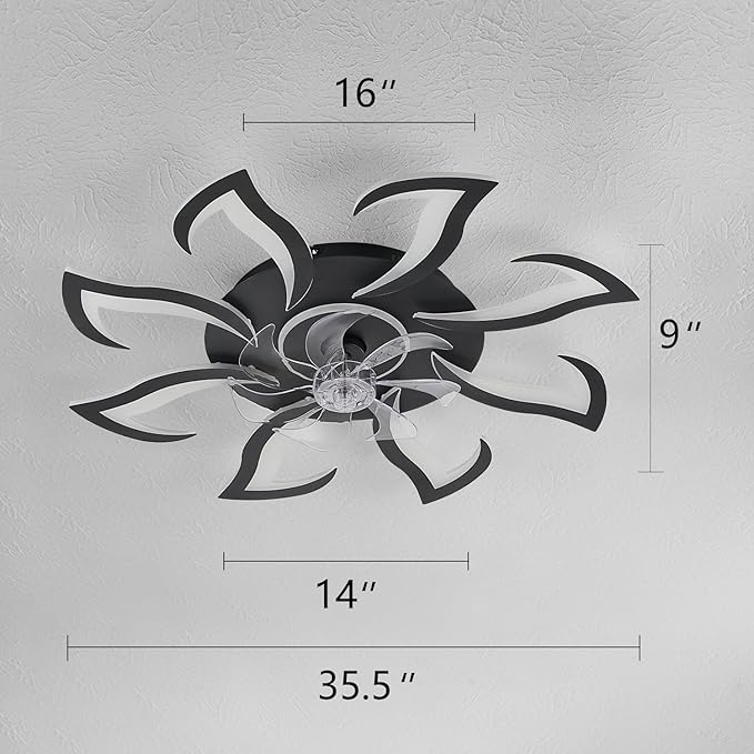 Malnutcolor Modern Low Profile 36 Inch Black Flush Mount Ceiling Fan with 3 Light Color 6 Speeds, Fandelier for Living Room