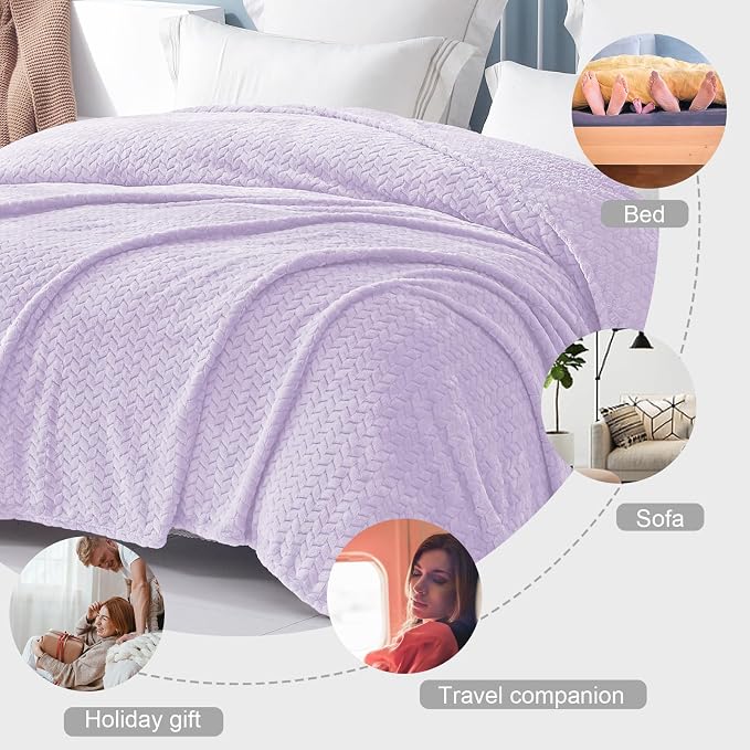 Exclusivo Mezcla Soft Fleece Bed Blanket Twin Size, 60”x80”, Lilac Purple | Cozy Fluffy Lightweight Blankets for Summer, Decorative Plush Flannel Throws for Living room, Bedroom with Leaves Pattern