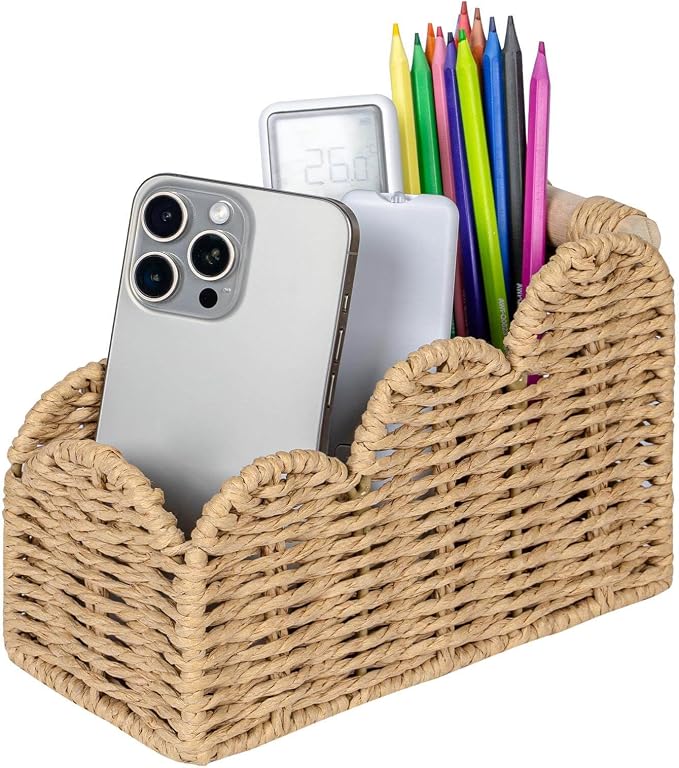 CubesLand Bedside Table Desk Organizer Caddy, Remote Pen&Pencil Holder Cup | Makeup Brush Holder w/Scalloped Perfect for Home, Office Desk, Living Room Table Decor, 3 Slots Beige