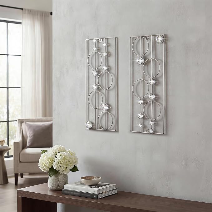 ZEXUIRU 2 Pcs Abstract Metal Art for Wall Decor Living Room Bedroom Bathroom Office Metal Bling Modern Geometric Hanging Vertical Small Iron Sculpture Plaque Pack -Silver 15.7in