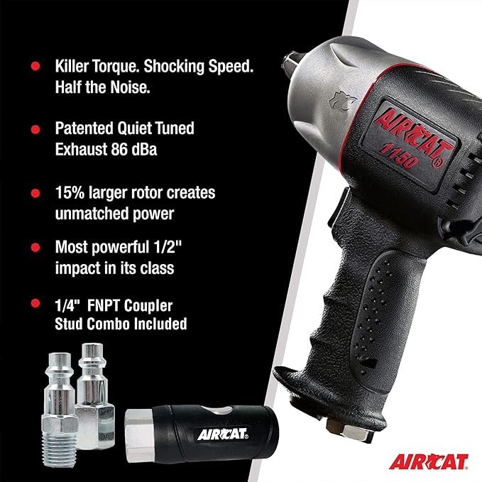 AIRCAT 1150-C 1/2-Inch Composite Impact Wrench with Coupler Set - Heavy-Duty Power Tool for Automotive Applications - Twin Hammer Mechanism - 900 ft-lb Max Torque - Quiet Operation - Low Weight