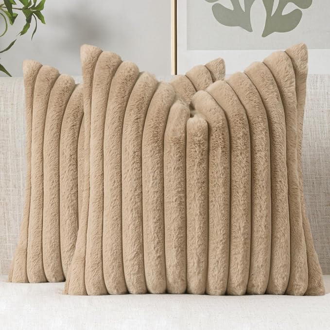 MIULEE Faux Fur Decorative Throw Pillow Covers 18x18 Set of 2 Khaki | Modern Fall Soft Plush Couch Pillows, Cozy Fluffy Cushion Covers for Sofa Bed Living Room Home Decor