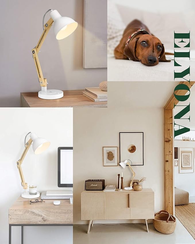 ELYONA White Desk Lamp with Wireless Charger, Solid Wood Table Lamp with USB C Charging Port, Swing Arm Reading Task Light with 5W LED Bulb for College Dorm, Office, Living Room, Bedroom, Farmhouse