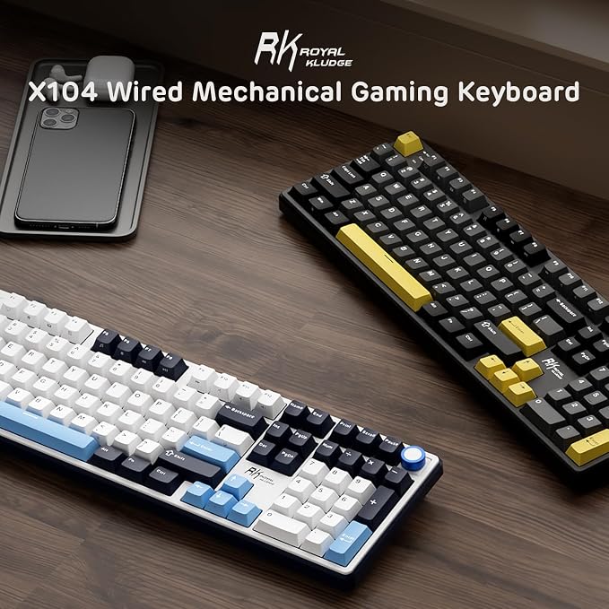 RK ROYAL KLUDGE X104 Wired Full Size Mechanical Gaming Keyboard, Metal Knob | Creamy Keyboard with Number Pad,104 Keys RGB Computer Keyboard Hot Swappable Linear Switch, Online Software for Wins/Mac