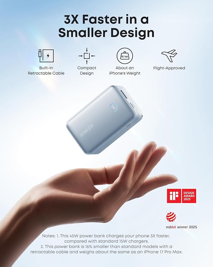 Anker Nano Power Bank, 45W 10,000mAh Portable Charger, iPhone Battery Pack | Built-In Retractable USB-C Cable, for iPhone 17 / 16 Series, iPad, Galaxy, Pixel, and More, Compact Travel Design