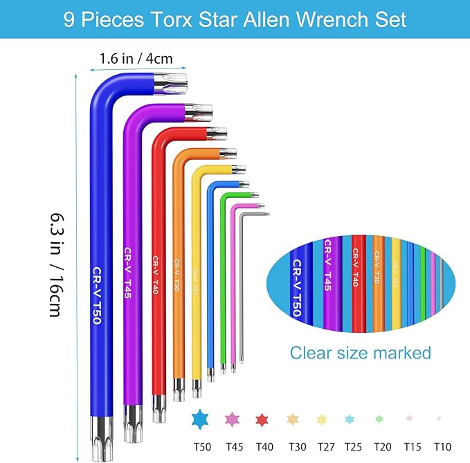 9PCS Star Key Set Torx Wrench Set 9 Standard Torx Star Wrenches for Bicycle Repair Furniture and Electrical Home DIY