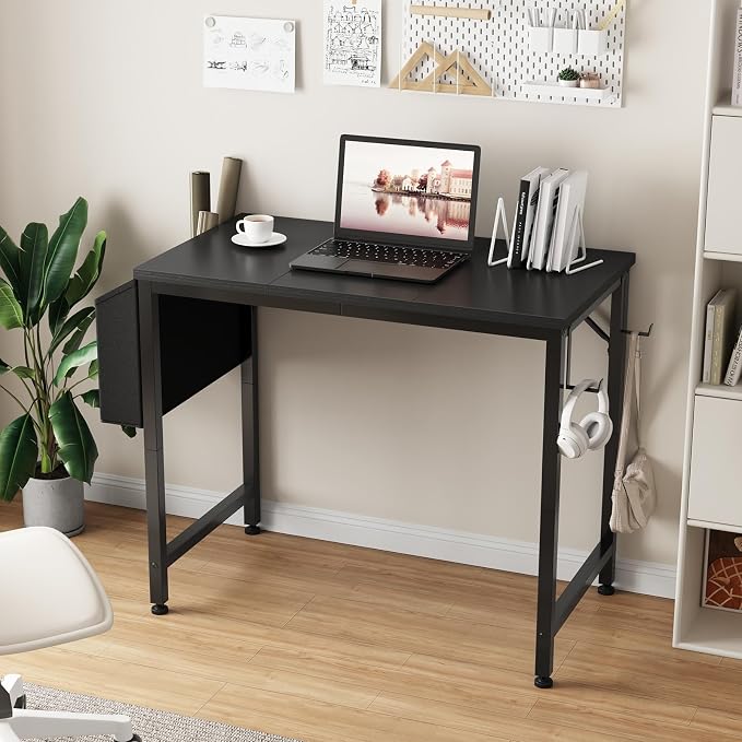 Lufeiya Small Desk for Small Spaces, 32 Inch Kids Girls Study Writing Desks for Bedroom, Simple Modern Laptop PC Little Side Table with Storage Bag Headphone Hooks, Black