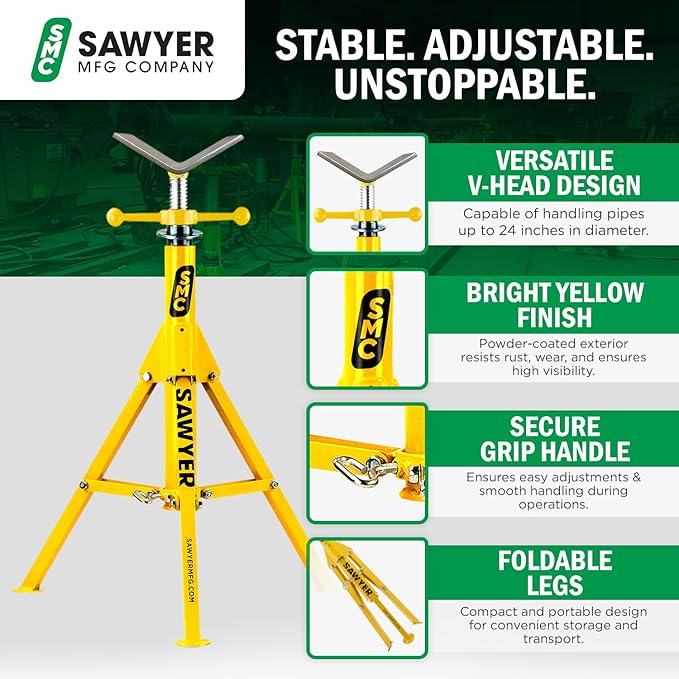 Sawyer Mfg Company Folding V Head Pipe Stand - Heavy Duty Steel Tripod Welding Jack Stand for Pipe Support, Threading, Grooving & Cutting - Adjustable Height 28" to 52" - Portable, Compact & Durable