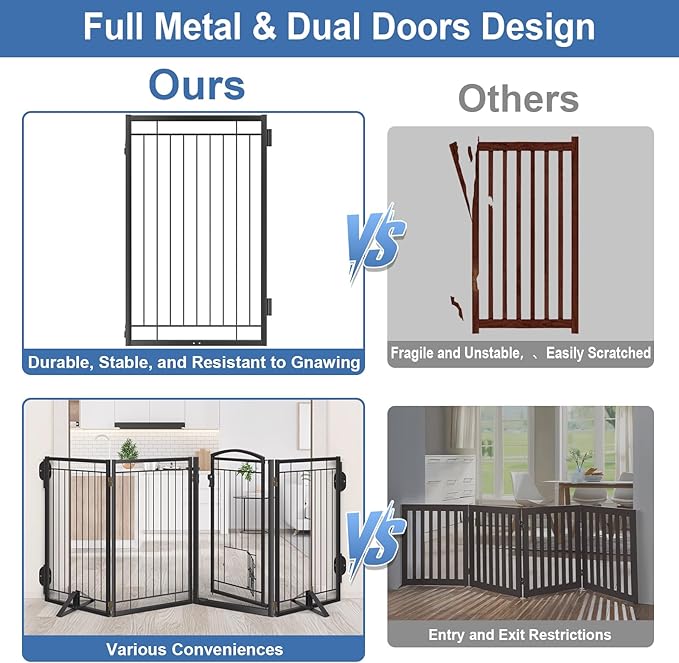 36" Tall Metal Freestanding Dog Gate with Cat Door for Indoor&Outdoor,80" Extra Wide Foldable Pet Gate,Foldable Indoor Dog Fence for Wide Openings Stairs,Deck,Yard,Doorways(4 Panels,Black)