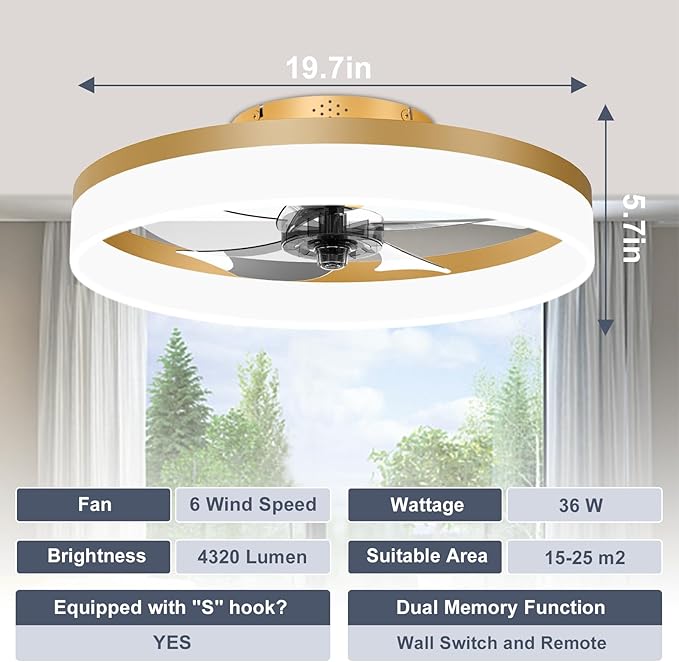 VOLISUN Low Profile Ceiling Fans with Lights and Remote, 19.7in Fandelier Ceiling Fan Flush Mount, 3000K-6500K Smart Bladeless LED Fan Light, Gold Modern Ceiling Fans with Lights for Bedroom