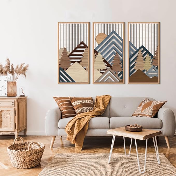 IARTTOP Large Mountain Wood Wall Art 16"x32"x3 Abstract Forest Wall Sculpture Geometric Boho Sunset Wilderness Artwork for Bedroom Living Room Office