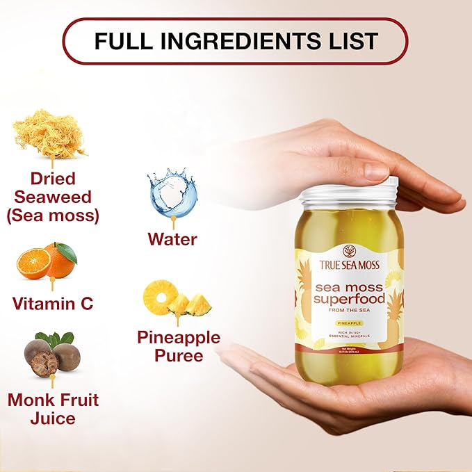 TrueSeaMoss Sea Moss Gel – Made in USA – Wildcrafted Seamoss, Fresh Fruits & Sea Vegetables – Pineapple, Pack of 1 (Labels may Vary)