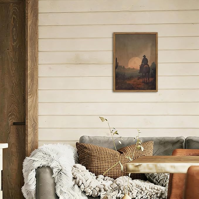 Vintage Cowboy Wall Art Western Country Wall Decor Painting, Southwestern Desert Cactus Poster Canvas Print Picture Retro Rustic Horse Artwork for Living Room Bedroom 12x16 inch Wood Framed
