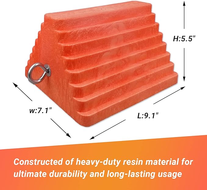 HOXWELL 2 Packs Wheel Chocks Heavy Duty Orange with Eyebolt, Vehicle Chock for Travel Trailers, Camper, Truck, Car and ATV, 9.1" Length x 7.1" Width x 5.5" Height