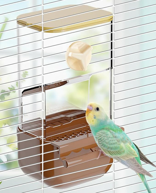 BNOSDM No Mess Bird Automatic Feeder Bird Cage Feeders Parrot Cage Accessories Transparent Seed Food Container with Perch for Finches, Parakeets, Budgies, Lovebirds, Cockatoos, Canaries (Brown)