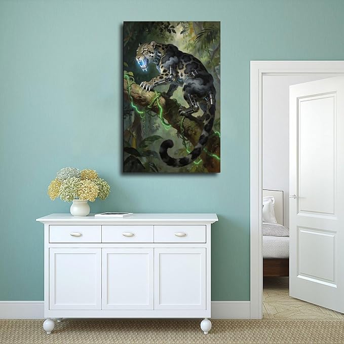 Framed Steampunk Mechanical Leopard Wall Art - Jungle Futuristic Beast Poster for Man Cave Living Room Decor 12x18inch(30x45cm)