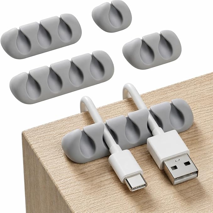 Cord Organizer for Desk, Nightstand Cable Holder, 5 Pack, Multislot, Grey | GLUIT Adhesive Charger Organizer, Cable Management for Desk Car Office Home College Dorm Room Cable Clips for Cords