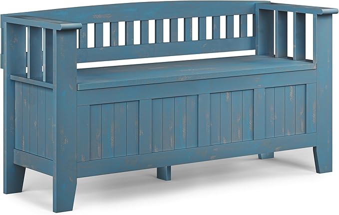 SIMPLIHOME Acadian Entryway Storage Bench - 48 inch Wide Solid Wood Hallway Seat in Distressed Coastal Blue, Transitional Bench for Entryway or Living Room with Lift-Up Lid and Spacious Storage