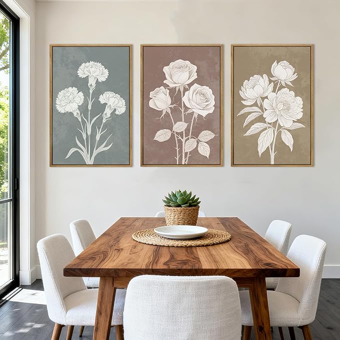 BINCUE Boho Floral Wall Painting Framed Botanical Wall Art Decor Flower Print for Living Room Bedroom Dining Room 16" Lx24 W Set of 3