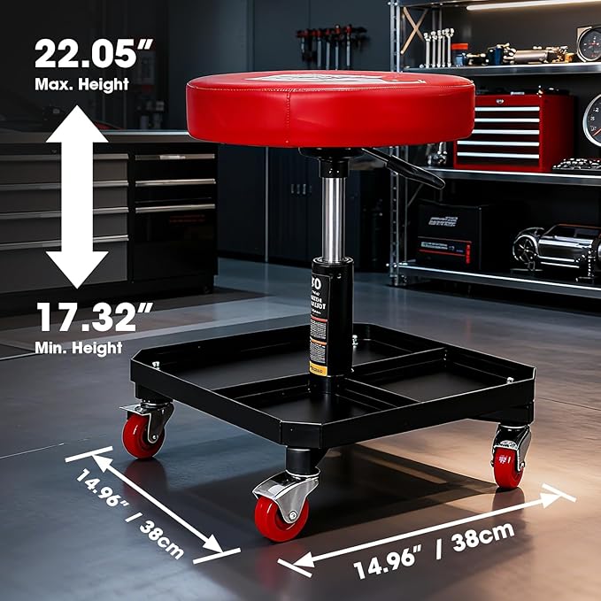 BIG RED TR6350 Torin Rolling Pneumatic Creeper Garage/Shop Seat: Padded Adjustable Mechanic Stool with Tool Tray Storage, Red Large