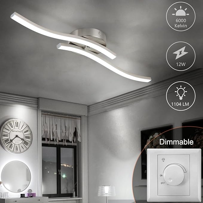 EDISLIVE Modern Dimmable LED Ceiling Light Curved 2 Light 22.5 in Minimalist LED Flush Mount Ceiling Light Fixture Lamp for Bedroom Foyer Kitchen 6000K Nickel