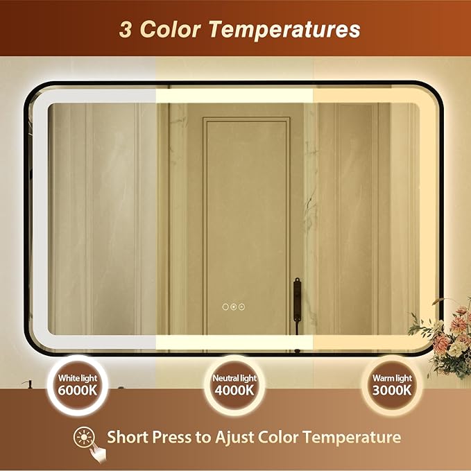 32x55 Inch LED Bathroom Mirror with Black Frame,Front and Backlit Vanity Mirror,Tempered Glass,Stepless Dimmable Wall Mirrors with Anti-Fog, 3 Colors, Memory, Waterproof, LED Smart Bathroom Mirror