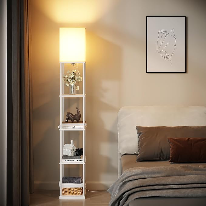 SUNMORY 5 Tier Floor Lamp with Shelves, Modern Square Standing Lamp with 3 Color Temperature Bulb, Corner Display Bookshelf Lamp for Living Room and Bedroom, Tall Shelf Floor Lamp White
