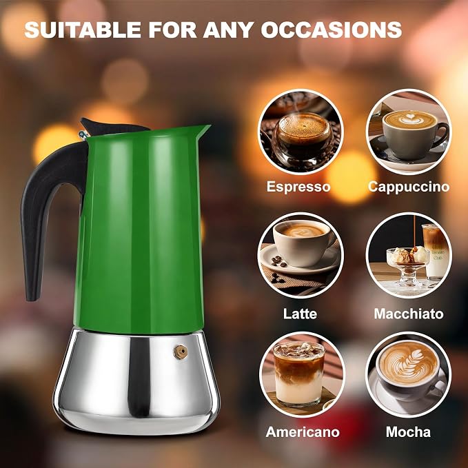 4 Cup Stovetop Espresso Maker Stainless Steel Moka Pot Stove Top Percolator Italian Coffee Makers Capable Mocha Greca Machine Cafe Classic Induction Cookers for Home and Camping 200ml 6.6oz