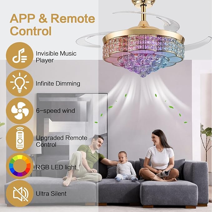 RGB Ceiling Fan with Light,36 Inch Fandelier Crystal 6-Speed Silent Reversible Remote APP Control LED Chandelier Speaker Dimmable Bluetooth, Gold