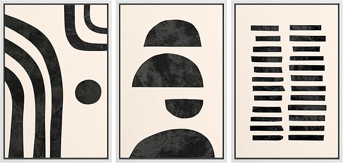 wall26 Framed Wall Art Print Set Black and Tan Semi Circles and Lines Geometric Shapes Digital Art Modern Art Mid-Century Modern Relax/Calm for Living Room, Bedroom, Office - 24"x36"x3 White