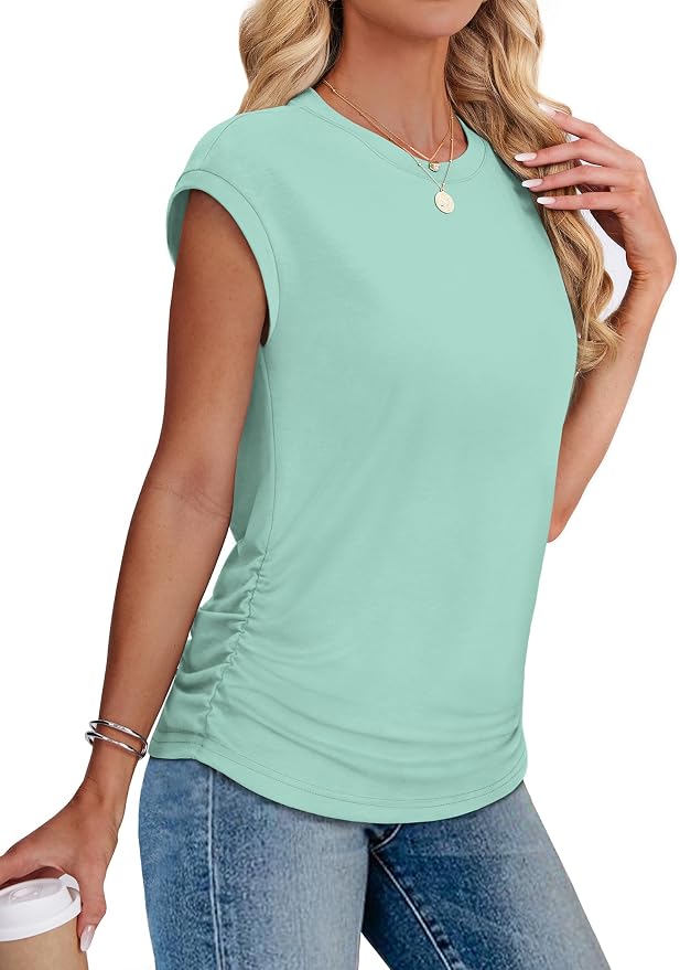 Sampeel Womens Summer Tops Trendy 2026 Ruched Cap Short Sleeve Tshirts Shirts Crew Neck T Shirts Fashion