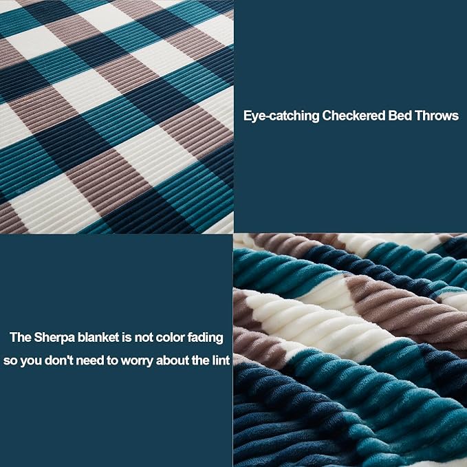 PU MEI Sherpa Blanket Twin Plaid Thick Bed Blanket, 60”*80” Super Soft Flannel Fuzzy Fleece Reversible Velvet Plush Warm Blanket for Couch (Teal Check, 60"*80")