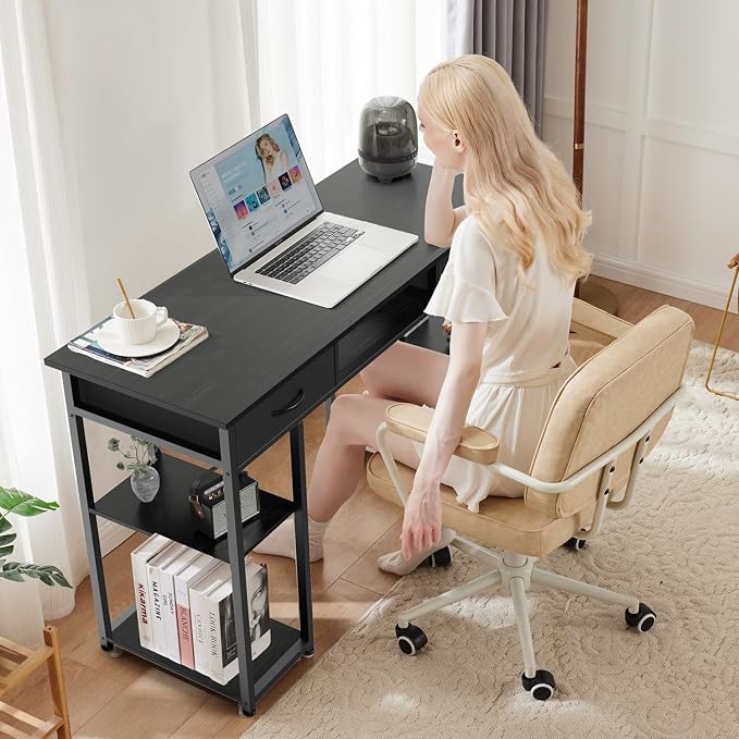 47 Inch Computer Desk with 2 Drawers, Home Office Desk with Wooden Shelves, Study Writing PC Table for Small Spaces, Bedroom, Dorm or Living Room, Black