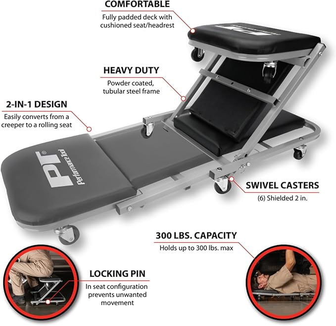 Performance Tool W85018 40-Inch Folding Creeper Rolling Seat, All-in-One Adjustable Roller Garage Chair, Lay Down or Sit, 330LBS Capacity Under Car Roller Creeper with 6 Swivel Casters