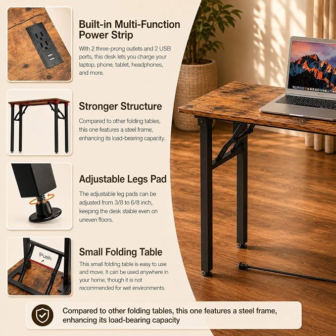 Folding Table Computer Desk - 35.8" No Assembly Folding Desk with Power Outlets & USB Charging Port, Small Desk, Foldable Office Desk, Compact Storage Portable Use for Small Space, Rustic Brown