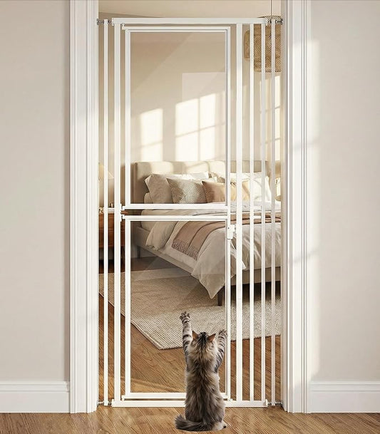 78.7" Extra Tall Cat Gate, Adjustable 27.5"-37.4" Wide Pet Proof Safety Gate, NO Drilling Pressure Mount Dog Gate, Transparent Full Door Pet Gate for Stairs/Studio/Kitchen, White