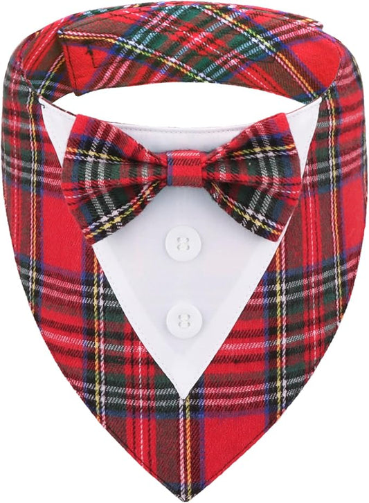 ADOGGYGO Christmas Dog Tuxedo Bandana, Red Plaid Pet Chritstmas Collar with Bowtie, Adjustable Christmas Costume for Medium Dogs Pets (M)