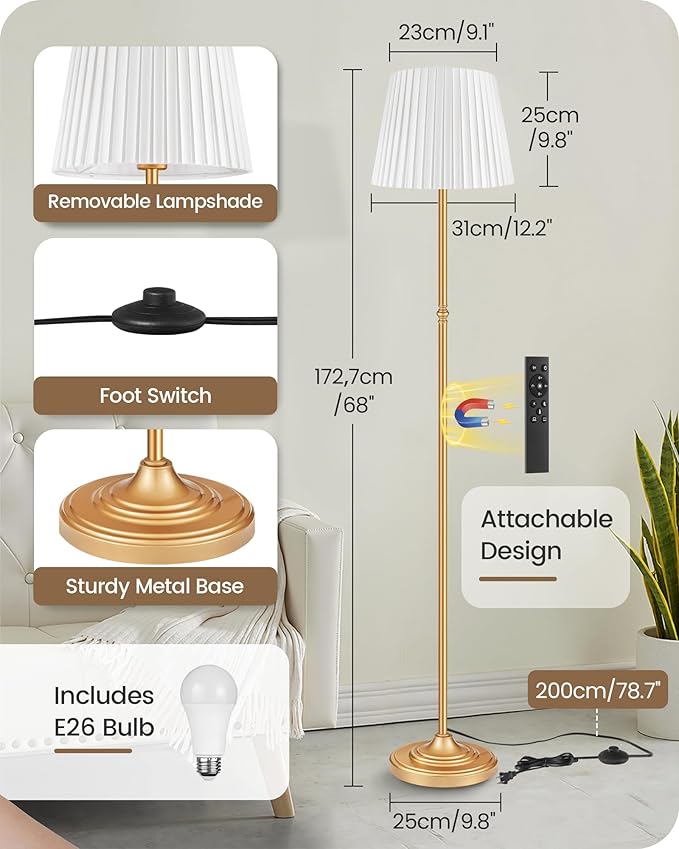 Dimmable Floor Lamp for Living Room, 68" Tall Standing Lamp, Reading Light with Remote & Foot Pedal, 10W LED Bulb (3000K-6500K) Included, FCC Listed, Reinforced Base, Gold and White DW12LD05