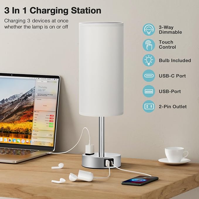 Fenmzee Light Grey Table Lamp for Nightstand - 3 Way Dimmable Touch Bedside Lamp USB C and A Charging Ports and AC Outlet, Small Desk Lamp with Silver Base for Office Nursery, LED Bulb Included