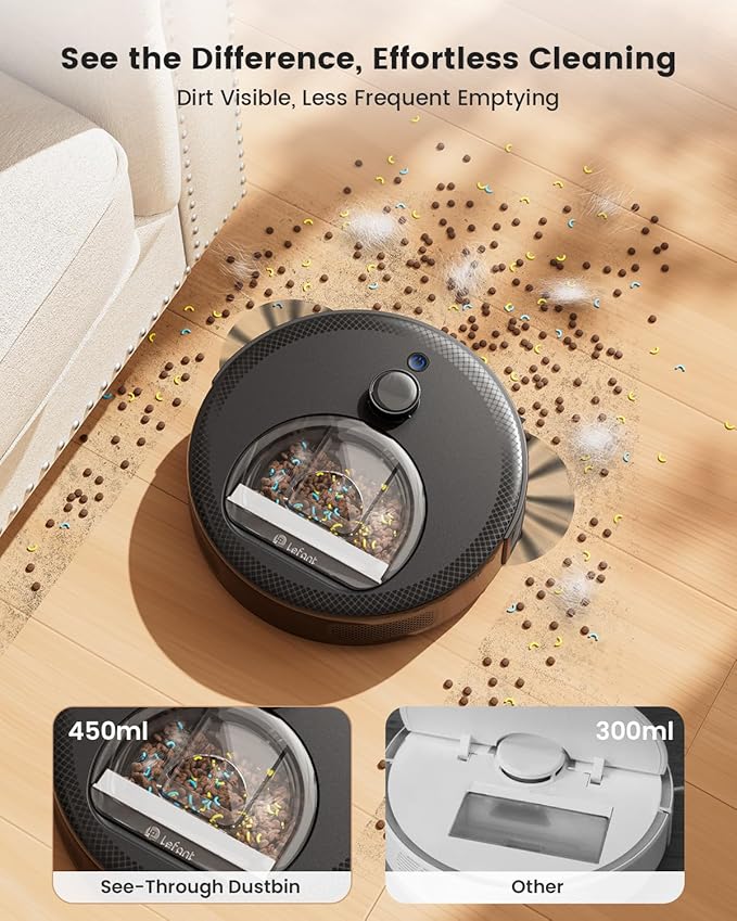 Lefant Robot Vacuum and Mop, 450ml Visible Dustbin, Upgraded 190° PSD Obstacle Avoidance, Customized Cleaning, Multi-Floor Mapping, 150 Mins Runtime, 2.4G/5G WiFi, Pet Hair & Carpets, M330 Pro